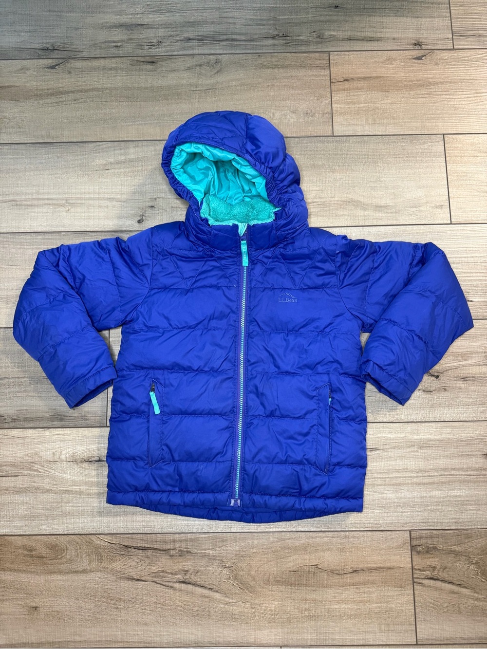 L.L. Bean Kids Royal Blue Puffer Jacket with Aqua Hood Lining